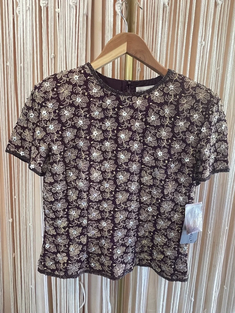 NWT vintage Adrianna Papell beaded silk short-sleeve floral top burgundy gold